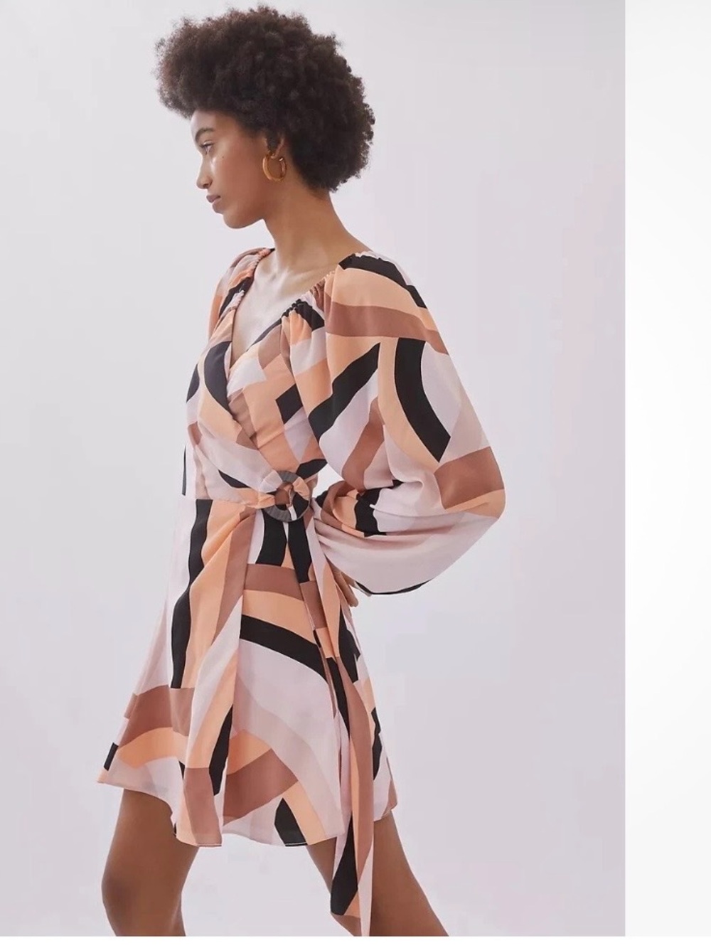 Anthropologie Hutch Mod Geographic Wrap Mini Dress -SZ MP- Black Peach Brown